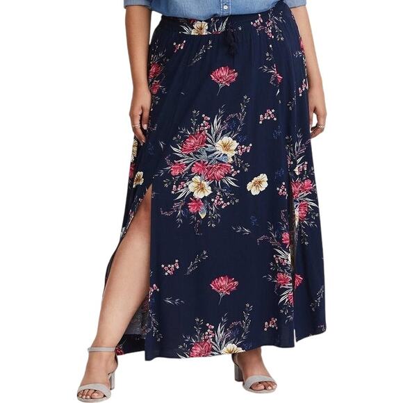 Torrid Maxi Challis Skirt Floral High Waisted Elastic Waist Side Slit Navy 3 - Picture 1 of 6